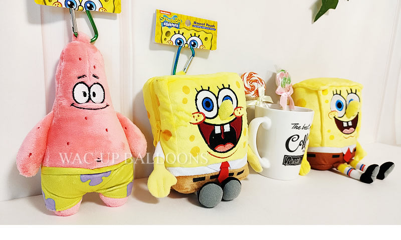 スポンジ ボブ パトリックの誕生日プレゼント バルーン&ぬいぐるみギフト バースデー お祝い 風船 人気 - 選べるスポンジボブのぬいぐるみが運ぶ♪2バルーンIN3水色黄色クリアドットセット<補充用ヘリウムガス付>