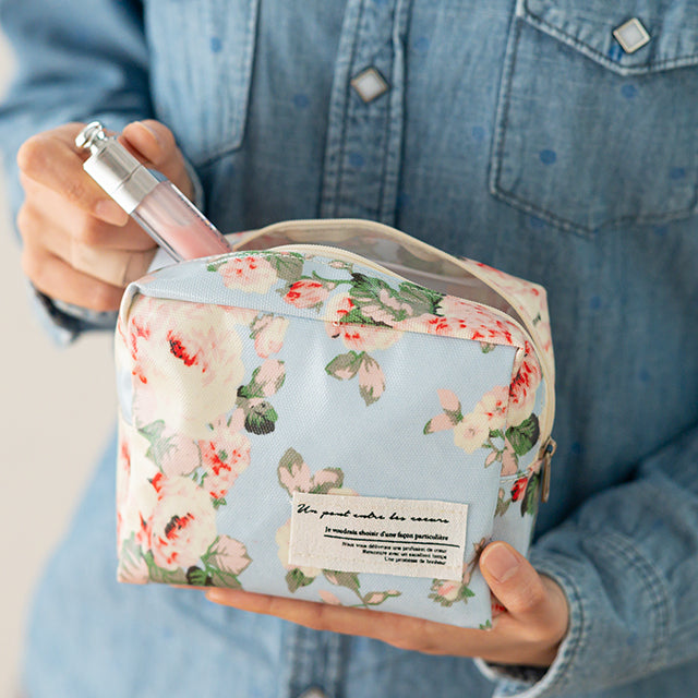 母の日 ギフト ぬいぐるみ&綺麗な花柄ポーチ パステルカラー 花束 コスメポーチ 化粧ポーチ メイクポーチ - 母の日ミニバルーン花束付くまのシロップ(小)&ポーチ(ブルー)セットM