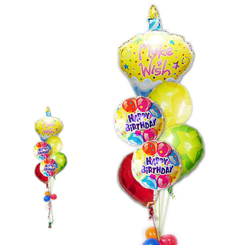 バースデーギフトにバースデーケーキ - 誕生日バルーンズ&ウィッシュイエローカップケーキ パーフェクト6バルーンセット<補充用ヘリウムガス付・本州送料無料>