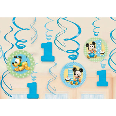 ベビーミッキーの飾りを天井から吊るして1歳男の子のバースデーパーティー!【OPスワールデコレーション:1歳誕生日ミッキー】<セットに追加なら送料無料>