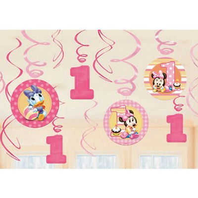 ベビーミニー&デイジーの飾りを天井から吊るして1歳女の子のバースデーパーティーに!【OPスワールデコレーション:1歳誕生日ミニー】<セットに追加なら送料無料>