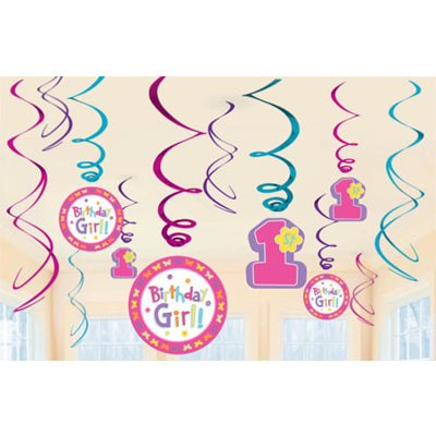 1歳の女の子用飾りを天井から吊るしてデコレーション♪【OPスワールデコレーション:1歳誕生日ハグ&ステッチガール】<セットに追加なら送料無料>