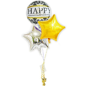 ハッピーアニバーサリー！ケーキと一緒にバルーンでお祝い - 記念日ダマスク ダズル金銀スター3バルーンセット<補充用ヘリウムガス付・本州送料無料>