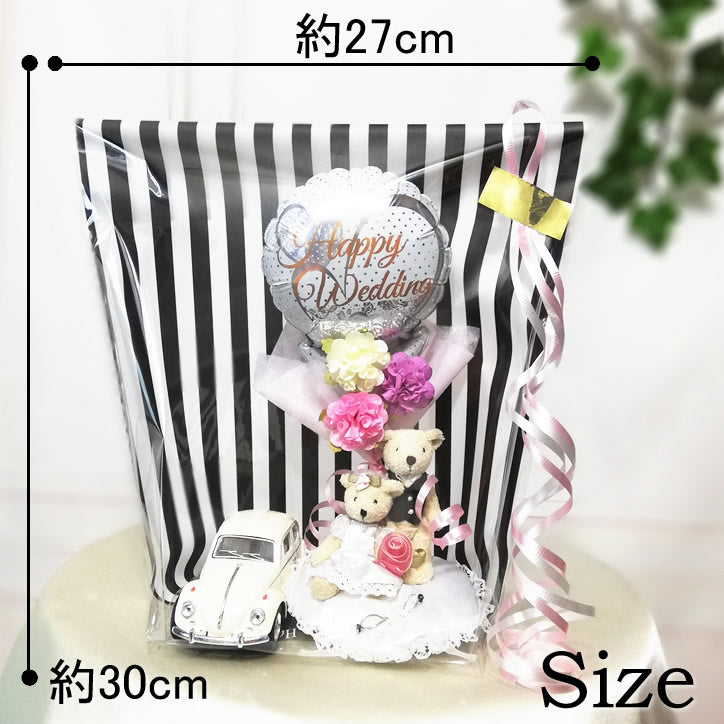 車好きカップル注目★フォルクスワーゲン ビートル キャデラック クーペ 結婚式 電報 ギフト - 結婚式レースホワイト:ミニバルーン花束ブーケ付選べるミニカー&ミニウェディングベアリングピローセットM