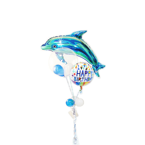 海好きイルカ好きへ贈る誕生日プレゼント - 誕生日祝いトライアングルズ&ブルードルフィン3バルーンセット <補充用ヘリウムガス付>