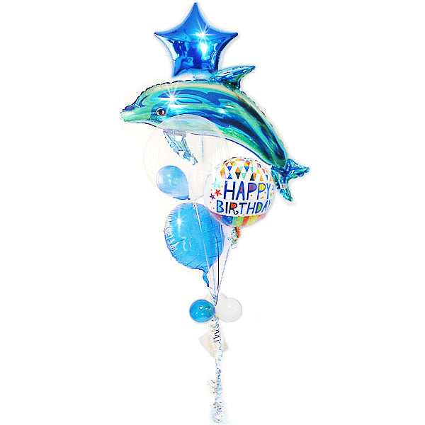 誕生日に!流線型のかっこいいドルフィン - 誕生日祝いトライアングルズ&ブルードルフィン5バルーンセット<補充用ヘリウムガス付>