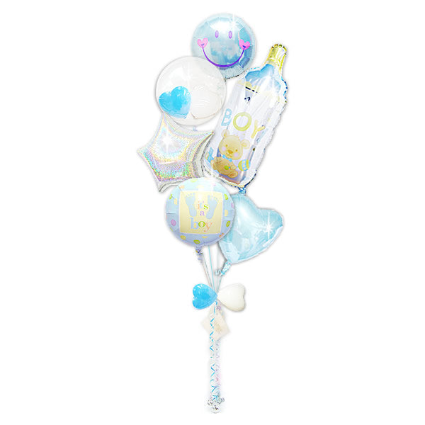 二人目にも人気の出産祝!男の子用バルーン - 出産祝ステップボーイ男の子ミルクdeちゅ哺乳瓶6バルーンセット<補充用ヘリウムガス付>