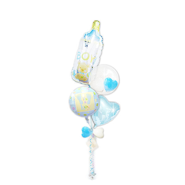 ブルーの哺乳びんが入った珍しい出産祝いバルーンギフト - 出産祝ステップボーイ男の子ミルクdeちゅ哺乳瓶4バルーンセット<補充用ヘリウムガス付>
