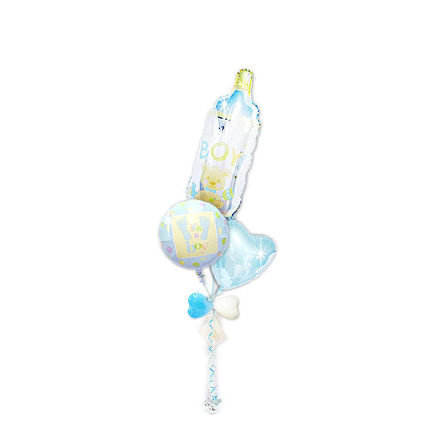 哺乳びんが入った男の子出産祝いバルーン3個セット 赤ちゃんもママもパパも喜ぶプレゼント - 出産祝ステップボーイ男の子ミルクdeちゅ哺乳瓶3バルーンセット<補充用ヘリウムガス付>