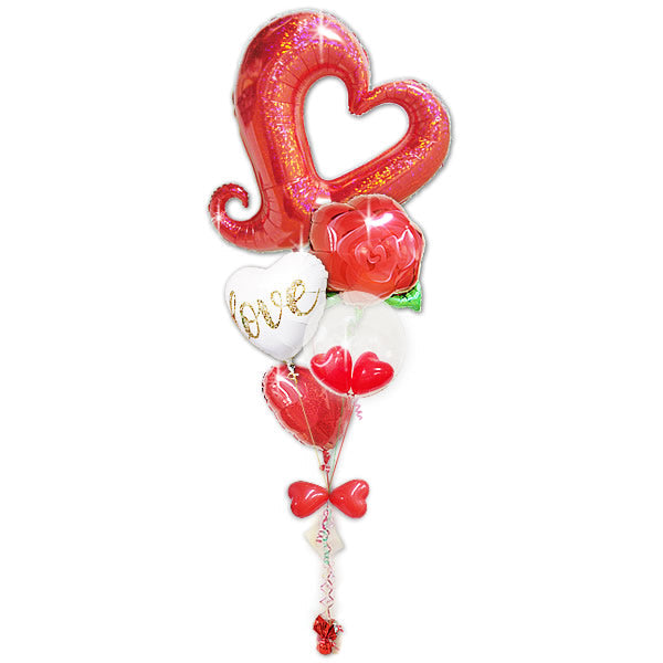 赤がおしゃれ!友人への結婚プレゼントに大きいハートでサプライズ - LVグリッターゴールド チェーンハートプリズムレッド5バルーンセット<補充用ヘリウムガス付>