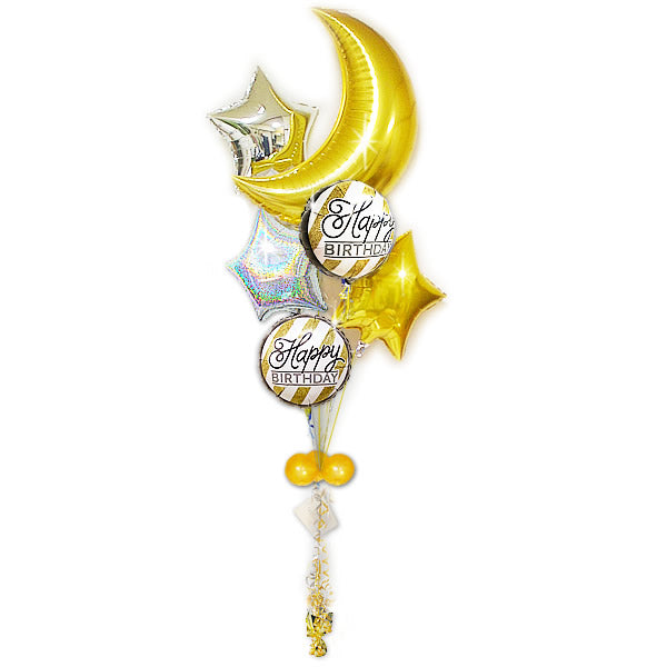 かっこいい誕生日プレゼント 月 星 - 誕生日ブラックゴールドグリッター&ムーンスター6バルーンセット <補充缶付>