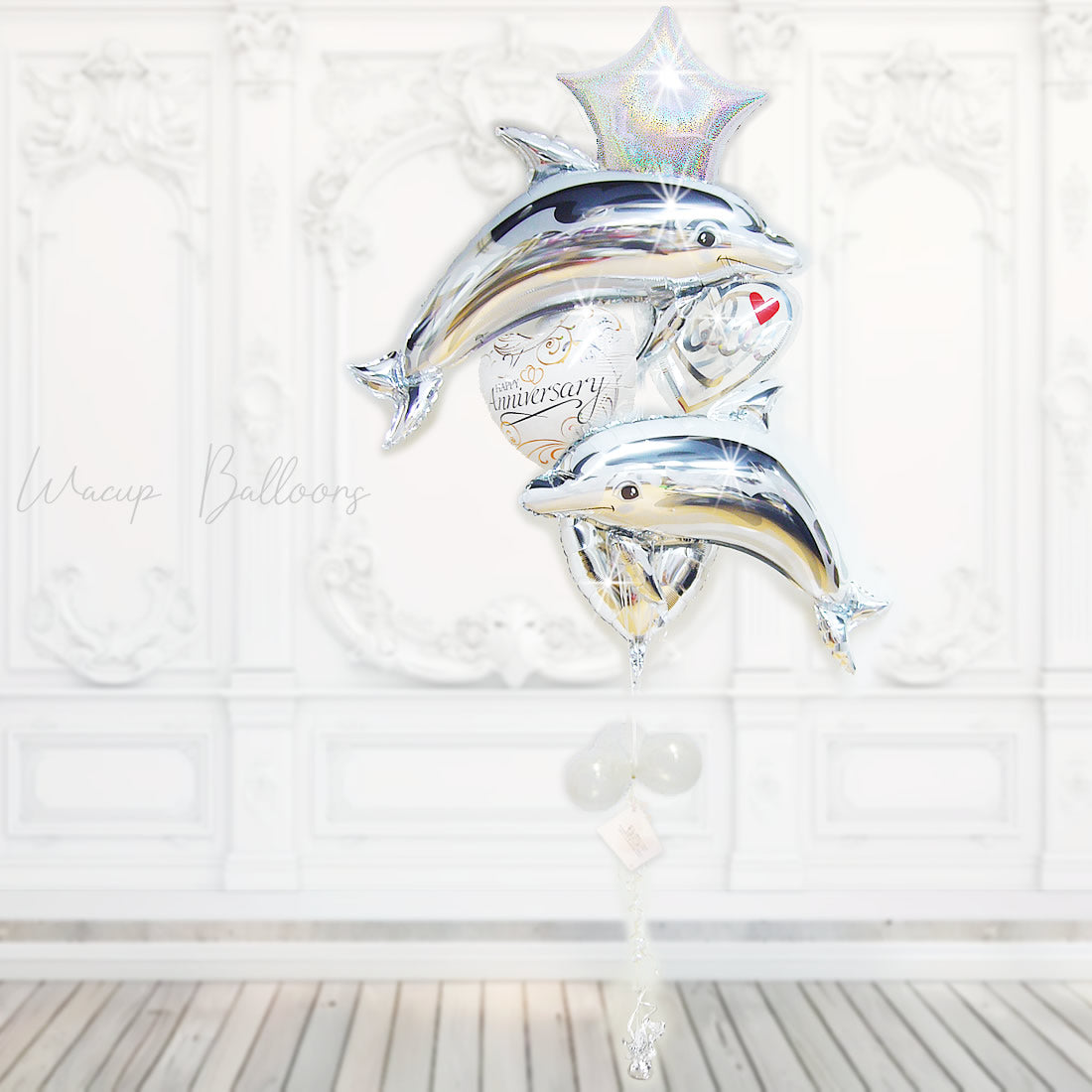 銀婚式 金婚式 結婚記念日 バルーン ギフト おしゃれ イルカ シルバー 飾り付け プレゼント 祝電 サプライズ 海好き - 記念日ツーカラーバイン【シルバー】ドルフィン６バルーンセット<補充用ヘリウムガス付>