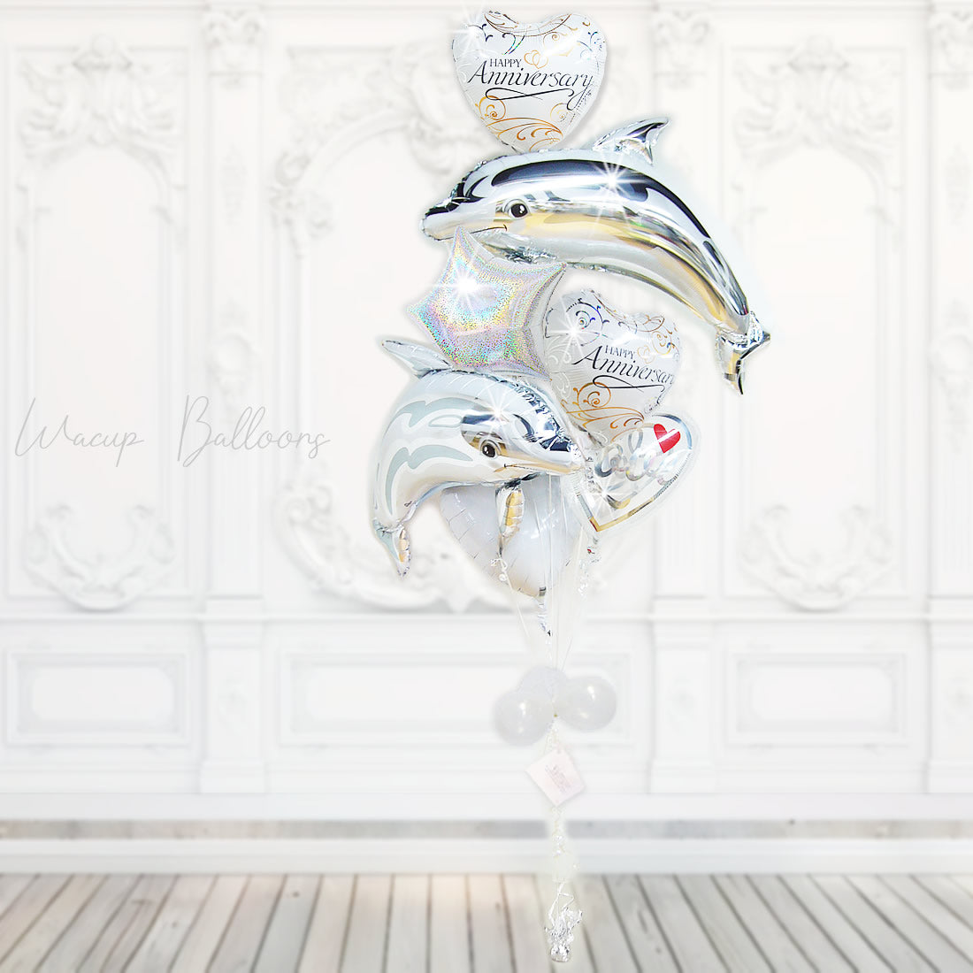 創立記念 設立記念 周年祝い バルーンギフト 法人向け 祝電 イルカ シルバー 飾り おしゃれ プレゼント - 記念日ツーカラーバイン【シルバー】ツインドルフィン７バルーンセット<補充用ヘリウムガス付>