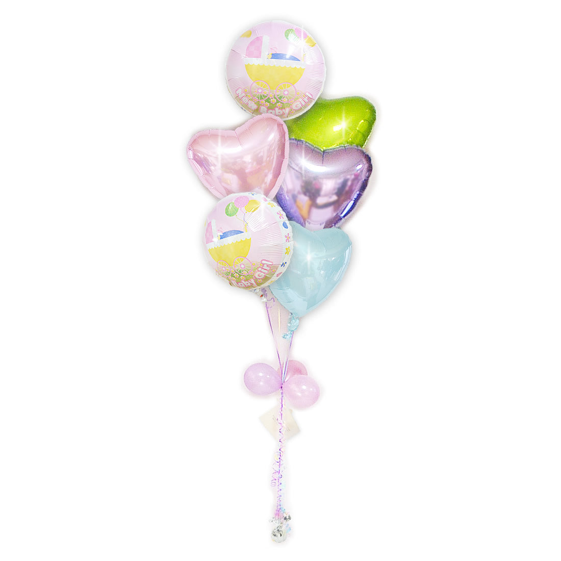 花束のようなかわいい女の子用出産祝い - 出産祝ストロールガール女の子パステル６バルーンセット<補充用ヘリウムガス付・本州送料無料>