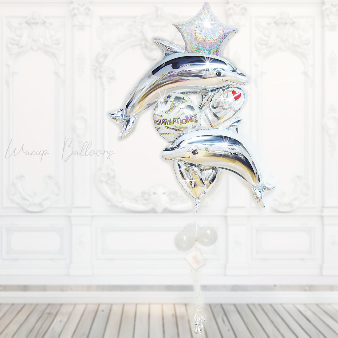 新築祝い バルーン ギフト 開店祝い 開業祝い シルバー イルカ 祝電 飾り おしゃれ 風船セット プレゼント - CGメニーワーズ【シルバー】ツインドルフィン６バルーンセット<補充用ヘリウムガス付>