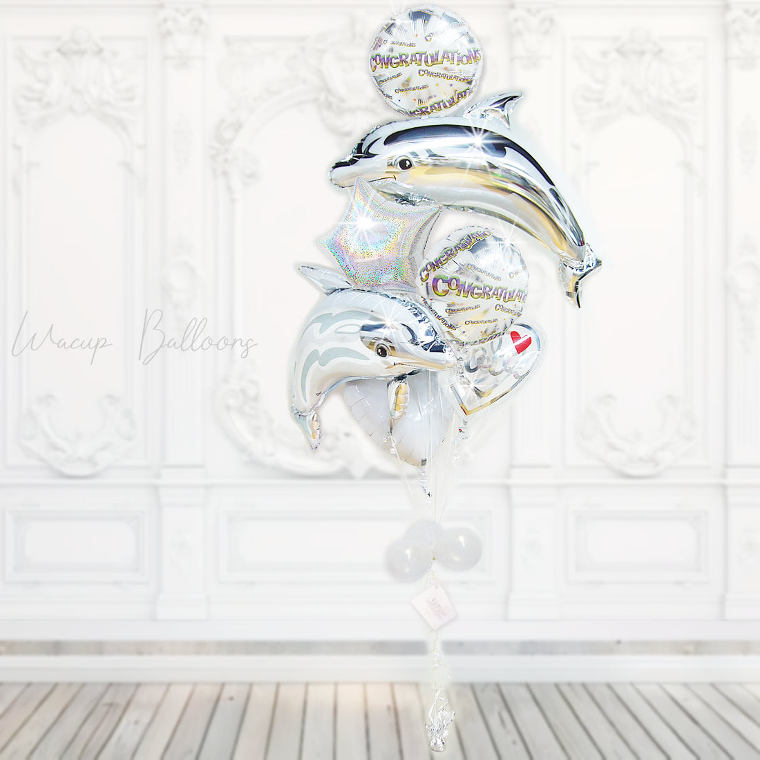 開店祝い バルーンギフト 美容室 飲食店 おしゃれ ドルフィン シルバー イルカ 祝電 サプライズ バルーン電報 飾り付け - CGメニーワーズ【シルバー】ツインドルフィン７バルーンセット<補充用ヘリウムガス付>