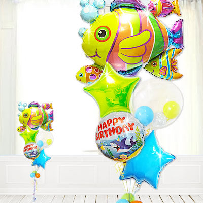 誕生日 プレゼント 魚 水族館 浮く 大きい フィッシュ 2歳 3歳 4歳 5歳 6歳 7歳 8歳 9歳 男の子 - 誕生日アンダーザシー フィッシュクラスター5バルーンセット<補充用ヘリウムガス付>