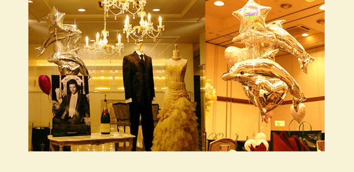 ピンクのイルカ/ドルフィンが２体で仲良くお祝い 海 結婚式 可愛い バルーン 電報 ギフト - 結婚祝ピンクダマスク【ピンク】ドルフィン7バルーン電報セット<補充用ヘリウムガス付>