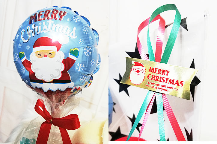 スヌーピー ベル ウッドストック チャーリーブラウン クリスマスプレゼント サンタ帽子付きぬいぐるみ 小さい ミニサイズ バルーンギフト  - ミニバルーン星型キャンディ付クリスマスサンタ帽子付スヌーピー<本州送料無料>
