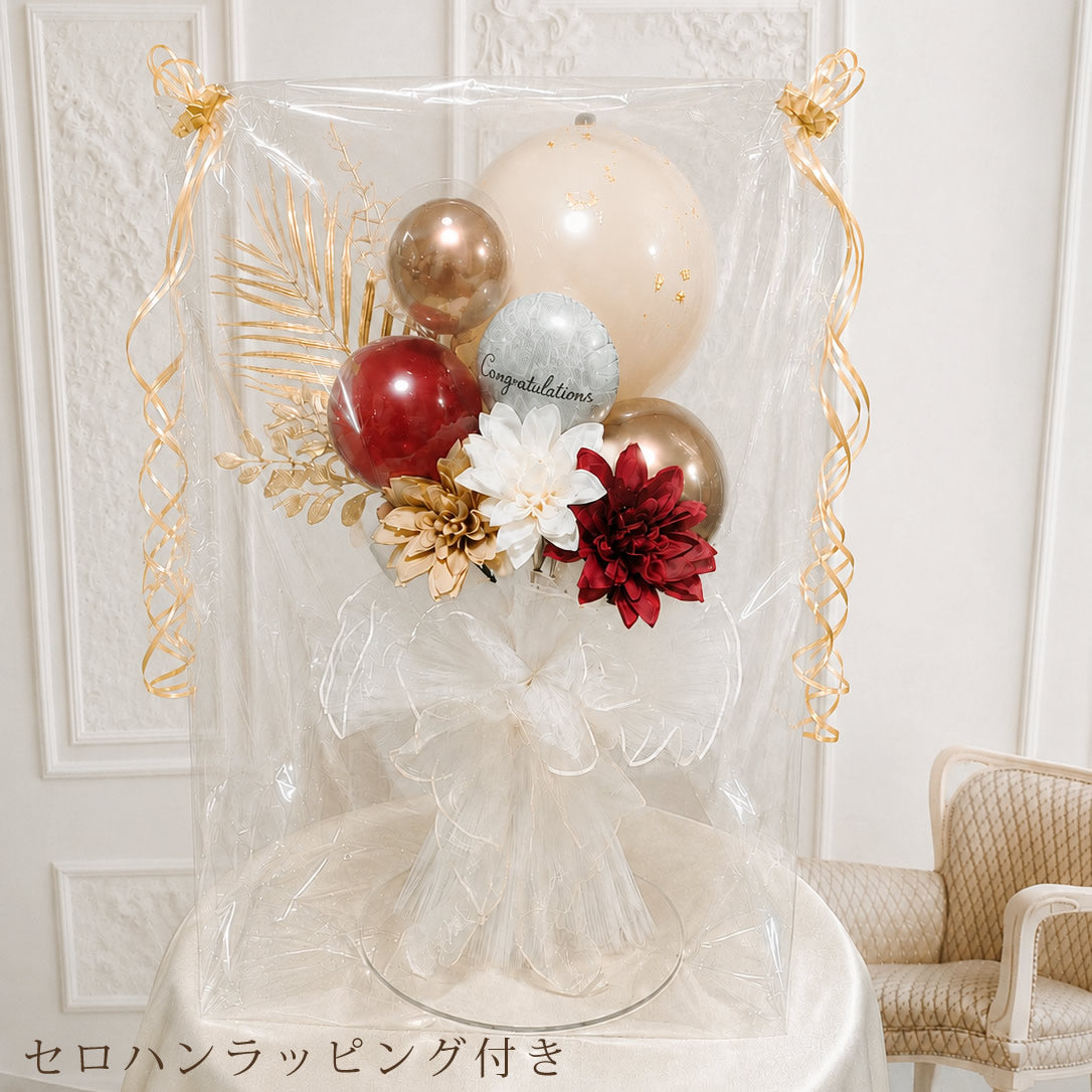 バルーンフラワー ゴールド 金箔 エレガント 誕生日 プレゼント 開店祝い 結婚式電報 - 【バルーンアレンジ】金箔tallチュールスタンディングセット
