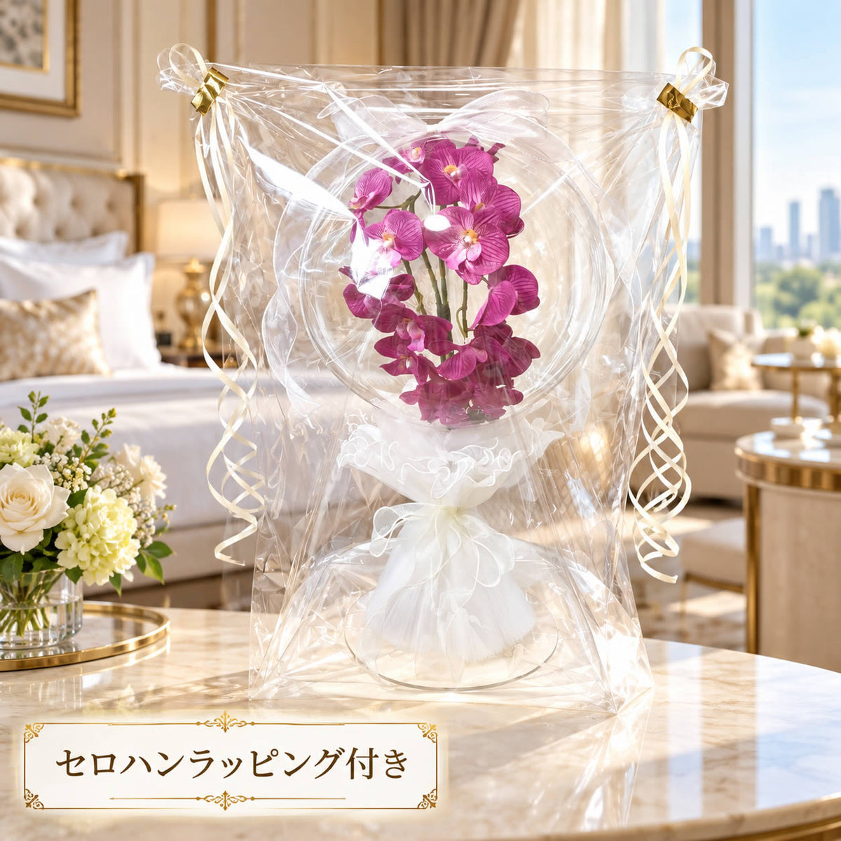 胡蝶蘭 バルーンフラワー 開店 開業 就任 昇進 周年 結婚 発表会 人事 栄転 祝い お祝い 花 ギフト - 【胡蝶蘭バルーンアレンジ】ドームinチュールスタンディングセット