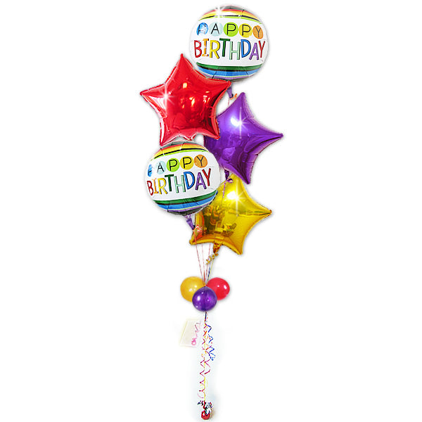 幸運が訪れる虹入り誕生日バルーン - 誕生日ハッピーレインボー　スター5バルーンセット<補充用ヘリウムガス付・本州送料無料>