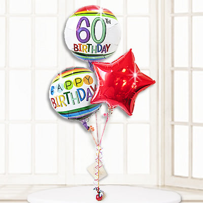 60歳をお祝い♪還暦に喜ばれるプレゼント - 還暦祝いレインボー卓上型スター3バルーンセット<補充用ヘリウムガス付・本州送料無料>