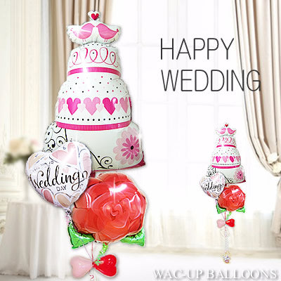 バルーン電報 ウェディングケーキで新郎新婦をお祝い - 結婚祝いオンユアハーツ&バードケーキ3バルーンセット <補充用ヘリウムガス付・本州送料無料>