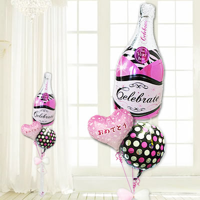 ピンク色のワインでおしゃれにお祝い - ハート小花おめでとうピンクバブリーワイン3バルーンセット<補充用ヘリウムガス付・本州送料無料>