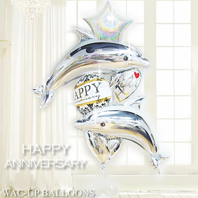 銀婚式など結婚記念日のお祝い[イルカ] - 記念日ダマスク【シルバー】ツインドルフィン6バルーンセット<補充用ヘリウムガス付・本州送料無料>