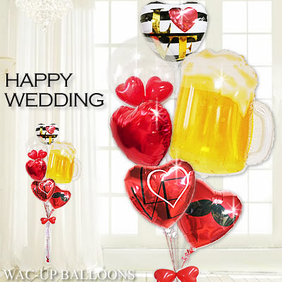 ビール好きがグッとくる結婚式電報 - ビールで乾杯♪結婚祝いレッドラブ 赤ハート6バルーンセット<補充用ヘリウムガス付・本州送料無料>