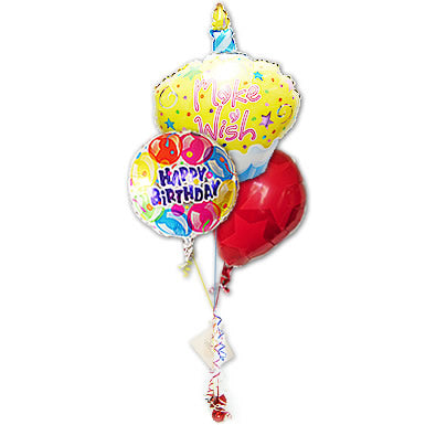 誕生日ケーキが入ったポップなバルーン - 誕生日バルーンズ&ウィッシュイエローカップケーキ パーフェクト卓上型3バルーンセット<補充用ヘリウムガス付・本州送料無料>