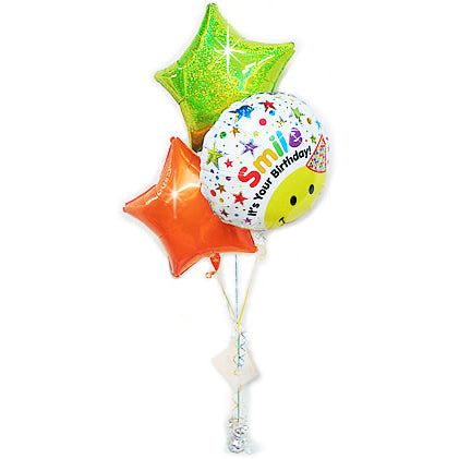 誕生日 ニコニコ笑顔のスマイリー - 誕生日ホロスマイリー卓上型スター3バルーンセット<補充用ヘリウムガス付・本州送料無料>