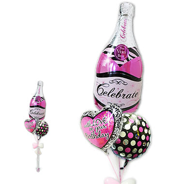 ワインでおしゃれに誕生日祝い - 誕生日ウィズラブプリズム ピンクバブリーワイン3バルーンセット<補充用ヘリウムガス付・本州送料無料>
