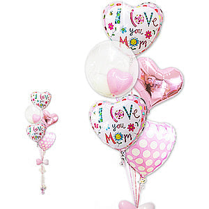お母さんへお誕生日や母の日に:やさしく可愛いハート&ピンクバルーン - マムレイチェル ピンクハート5バルーンセット<補充用ヘリウムガス付・本州送料無料>