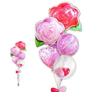 母の日に可愛い花束をイメージしたバルーン - 母の日プリズムスパークル ブルーミングローズMIX5バルーンセット<補充用ヘリウムガス付・本州送料無料>