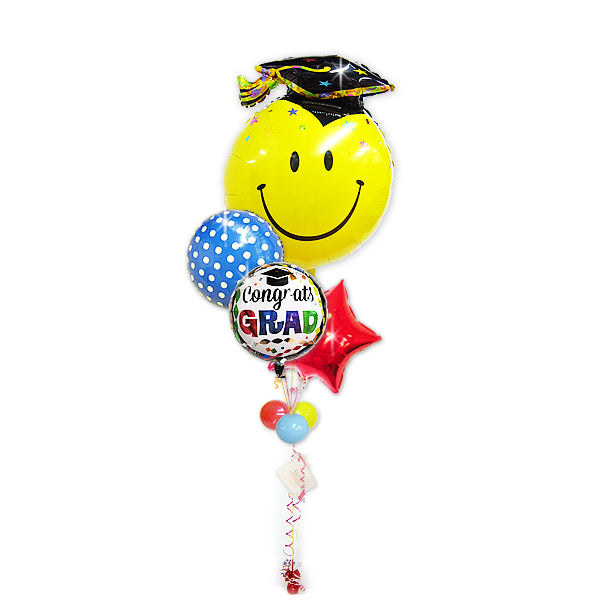 小学校 中学校 高校 卒業祝い合格祝い オプションのお菓子と一緒に♪ - 合格卒業祝いグラッドパーティ ビッグスマイリー星柄スター&ドッツ4バルーンセット<補充用ヘリウムガス付・本州送料無料>