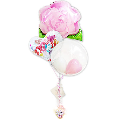 開店・開業のお祝いに!薔薇バルーンでお祝い - おめでとうハートブーケ&ブルーミングローズピンク3バルーンセット<補充用ヘリウムガス付・本州送料無料>