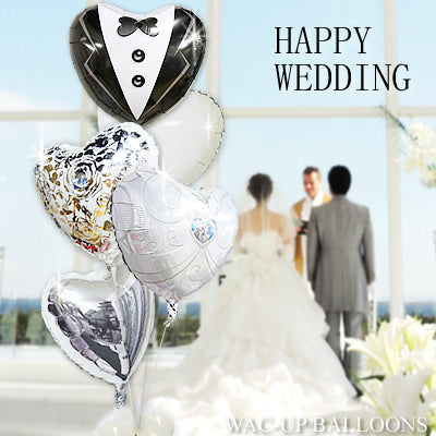 結婚祝い バラのデザインがとってもおしゃれ!人気 ホワイト&シルバー - 結婚祝タキシード&ウェディングドレス【ホワイト】5バルーンセット <補充用ヘリウムガス付・本州送料無料>