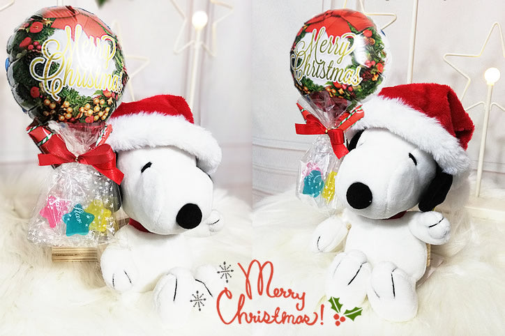 スヌーピー ベル ウッドストック チャーリーブラウン クリスマスプレゼント サンタ帽子付きぬいぐるみ 小さい ミニサイズ バルーンギフト -  ミニバルーン星型キャンディ付クリスマスサンタ帽子付スヌーピー