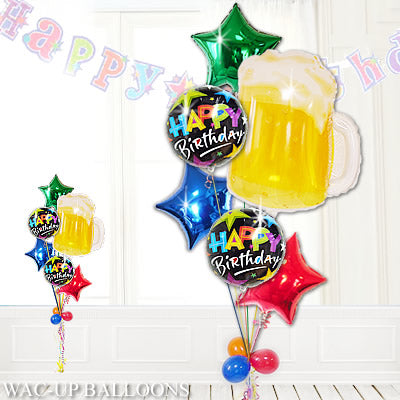 大きなビールジョッキと星型の誕生日ギフト - ビールで乾杯! HBブリリアントブラック6バルーンセット<補充用ヘリウムガス付・本州送料無料>