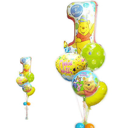 1歳誕生日にママへサプライズプレゼント - 1歳誕生日プーファースト&ウィッシュイエローカップケーキ5バルーンセット<補充用ヘリウムガス付・本州送料無料>