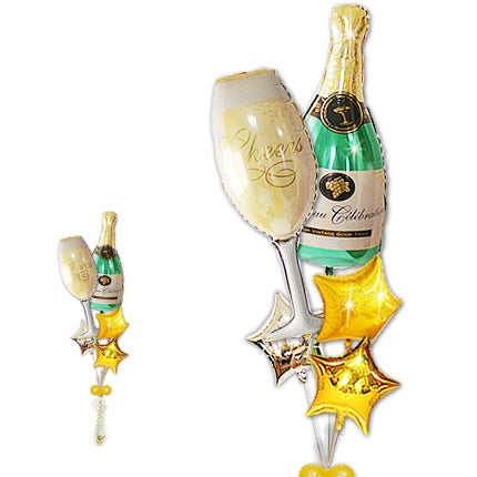 大人向けでお洒落なボリュームたっぷりバルーンギフト  - シャンパン&グラス　ダズル金銀スター5バルーンセット<補充用ヘリウムガス付・本州送料無料>