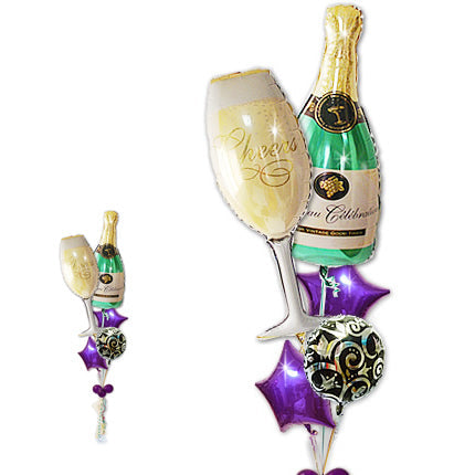 男性にも好評 シャンパンで大人っぽく - シャンパン&グラス　パープルバイン5バルーンセット<補充用ヘリウムガス付・本州送料無料>